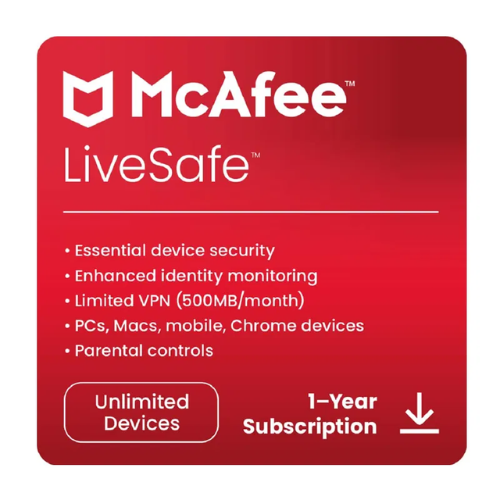 McAfee LiveSafe 2024 Antivirus with VPN for Unlimited Devices Subscription