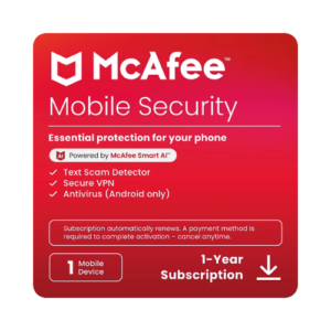 McAfee Mobile Security Antivirus with VPN for Android and iOS – 1 Device