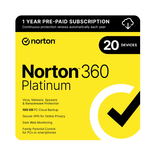Norton 360 Platinum Antivirus with VPN, Cloud Backup for 20 Devices